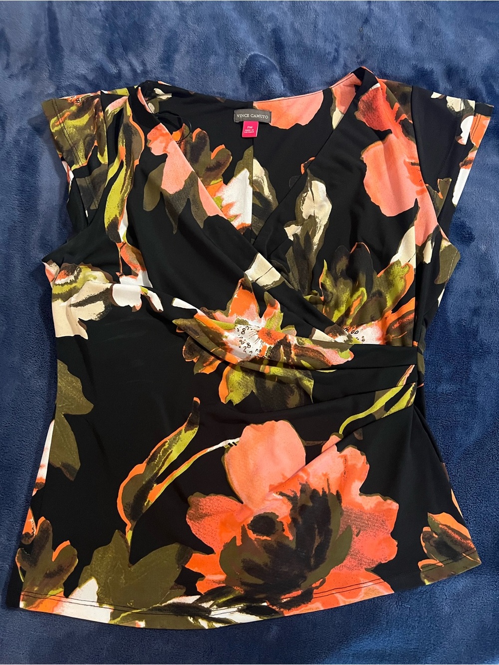 Vince Camuto Med Petite Floral Surplice Top Black Floral Orange & Olive Colors